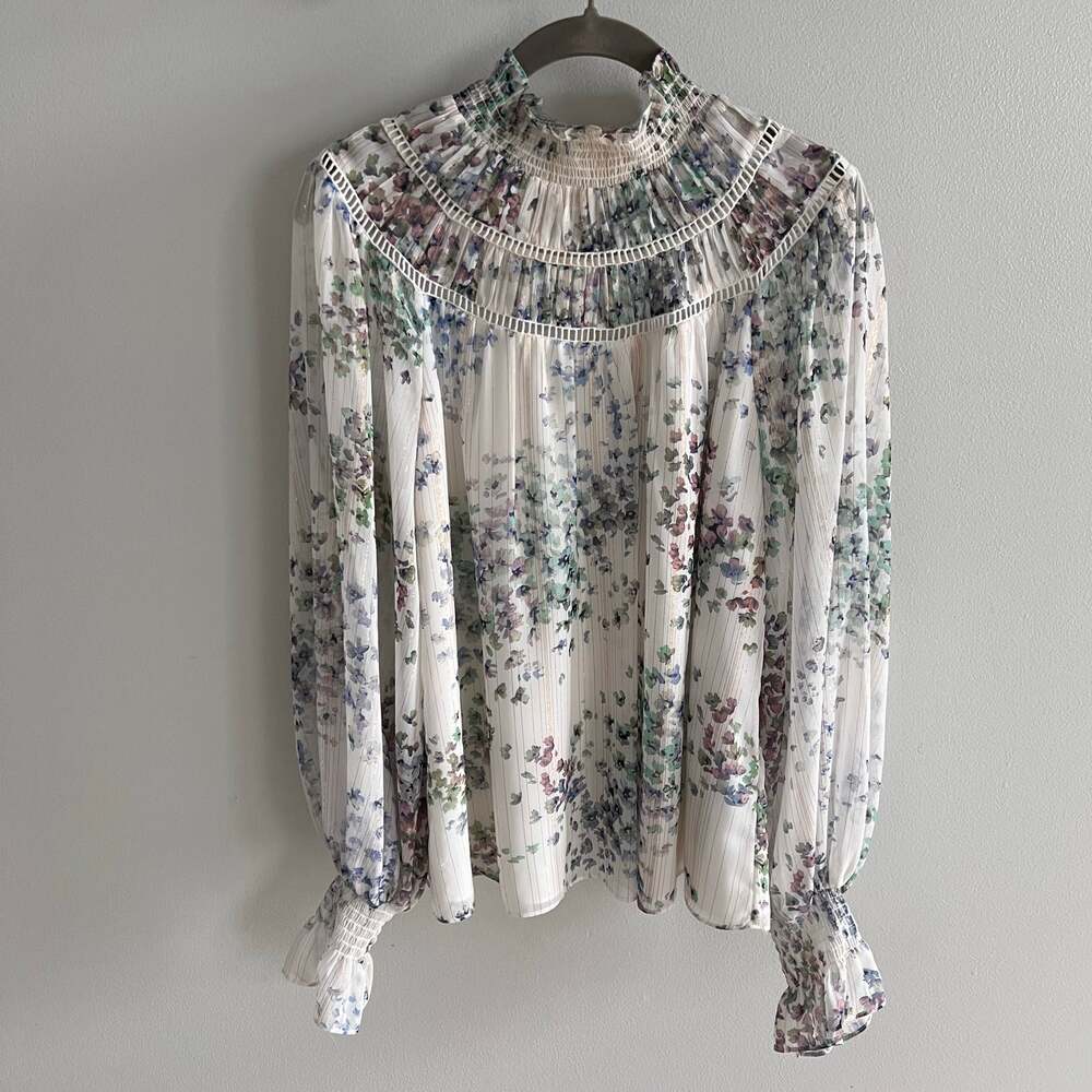 Ted Baker Floral Metalic Marrin Gathered Neck Blouse Size Ted 2 / US 6